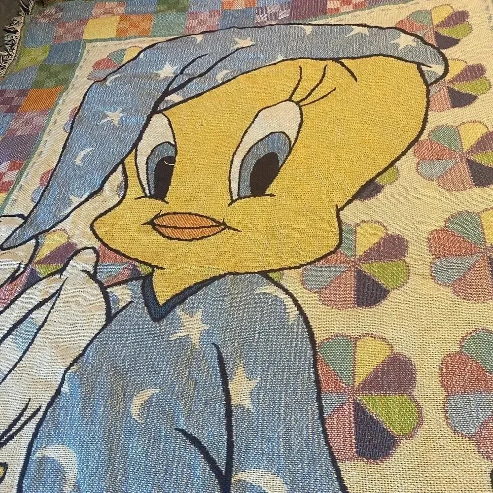VTG 90s Baby Toddler Looney Tunes Cotton Blanket Sylvester Tweety Bird Blue Cozy